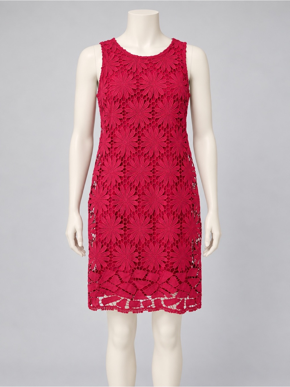 London Times Fuchsia Crochet Floral Shift Dress